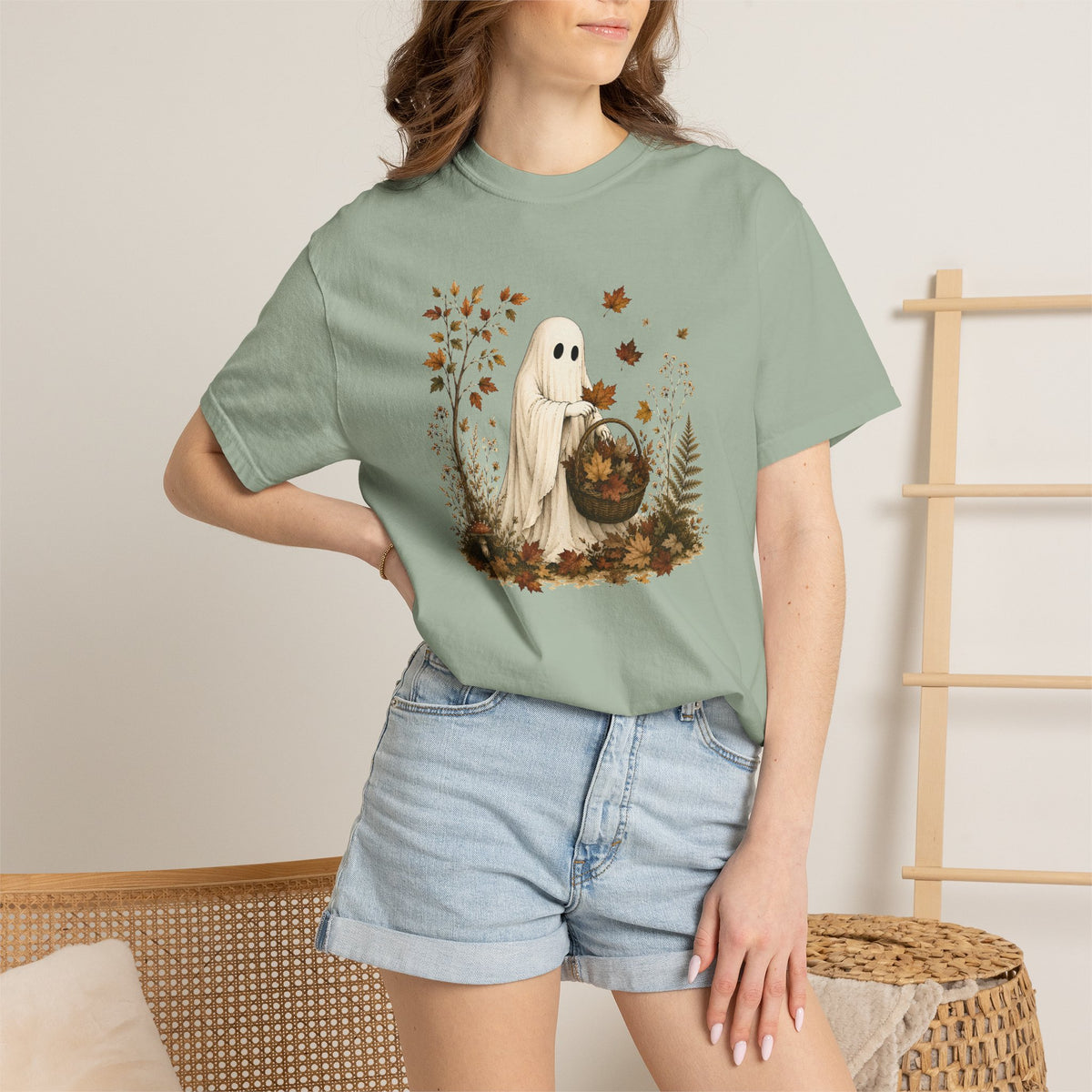 Autumn Ghost T-Shirt — Cute Fall Halloween Tee with Leaf & Pumpkin Design
