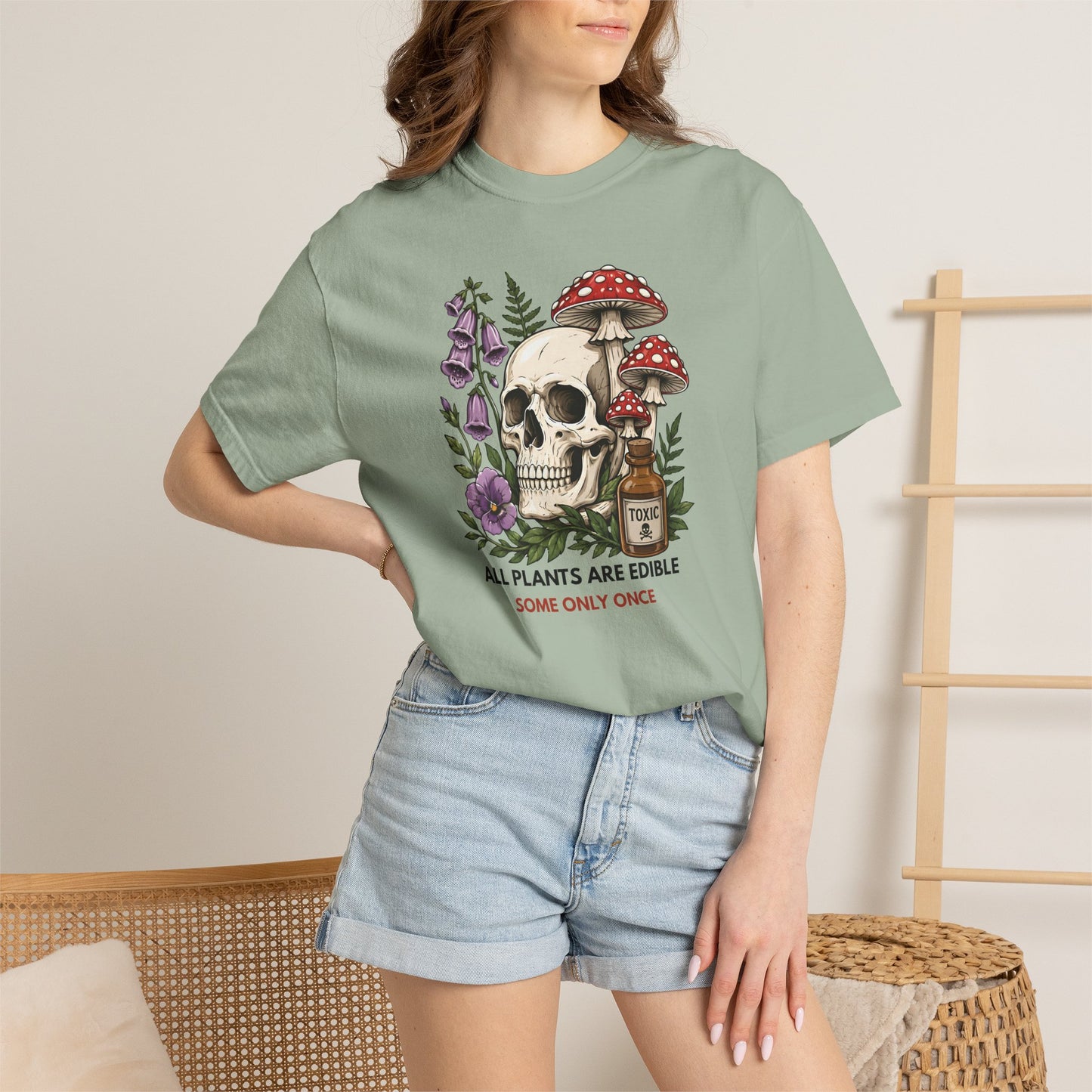 Skull & Mushrooms T-Shirt — "All Plants Are Edible, Some Only Once" Botanical Gothic Tee