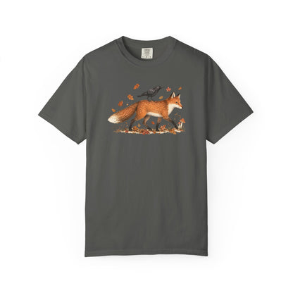 Fox & Crow Illustration T-Shirt — Autumn Woodland Graphic Tee
