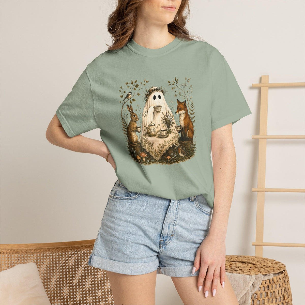 Ghost Gathering T‑Shirt — Woodland Ghost with Fox & Rabbit Illustration