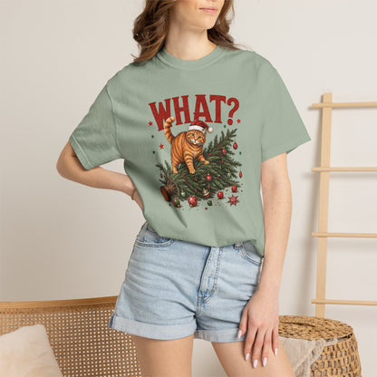 Cat Knocked Over Christmas Tree T-Shirt – "WHAT?" Holiday Cat Tee