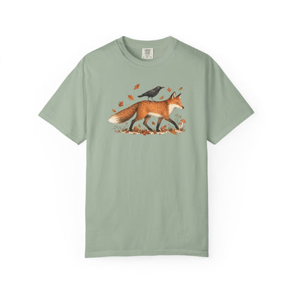 Fox & Crow Illustration T-Shirt — Autumn Woodland Graphic Tee
