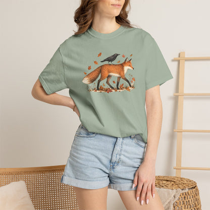 Fox & Crow Illustration T-Shirt — Autumn Woodland Graphic Tee