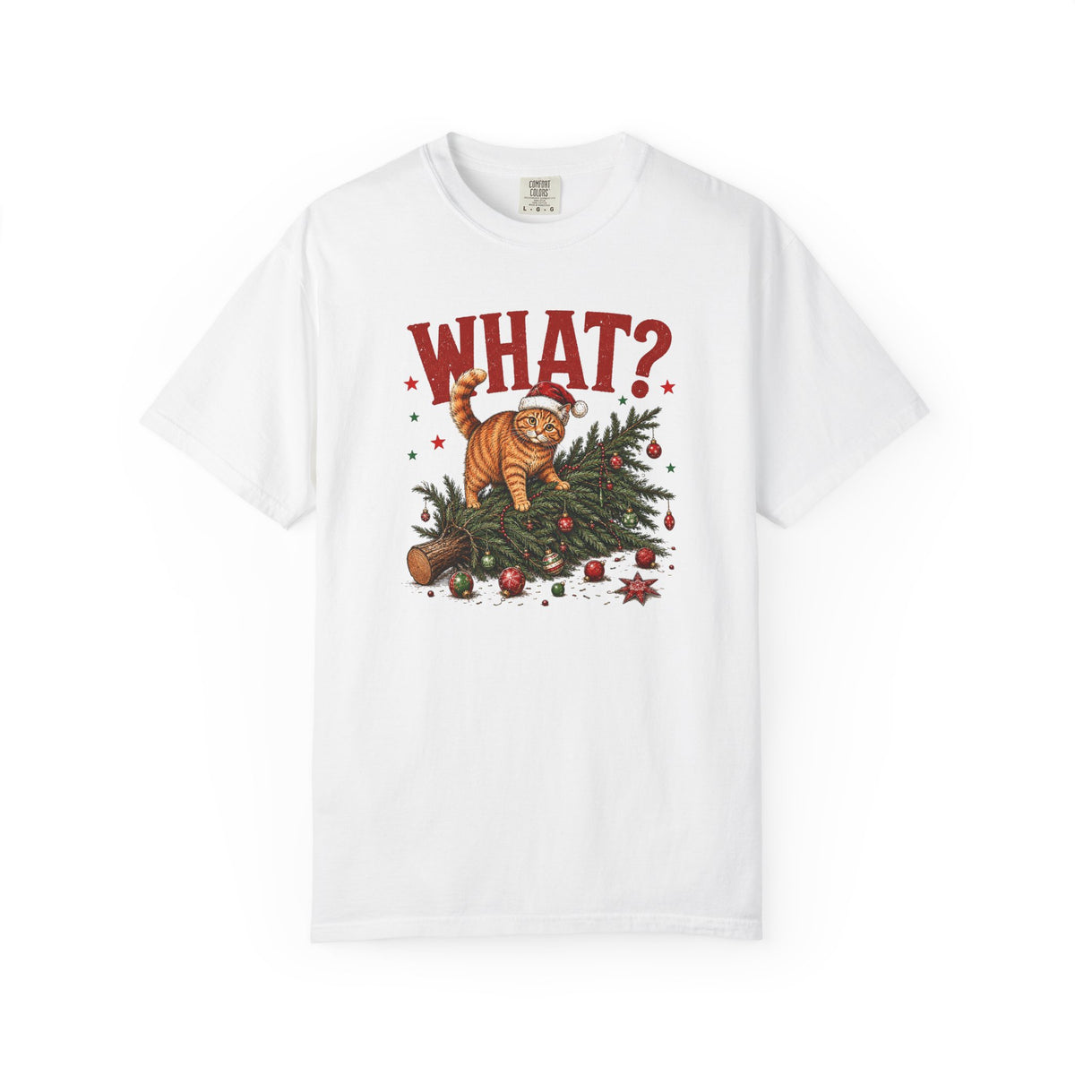 Cat Knocked Over Christmas Tree T-Shirt – "WHAT?" Holiday Cat Tee