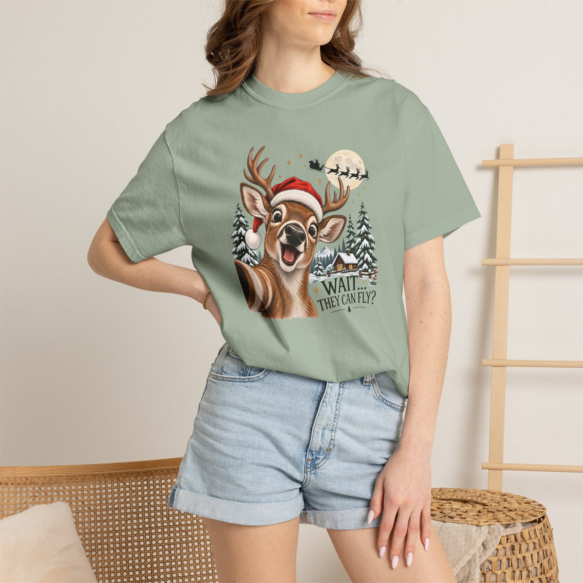 Christmas Deer T-Shirt — "Wait... They Can Fly?" Holiday Reindeer Tee