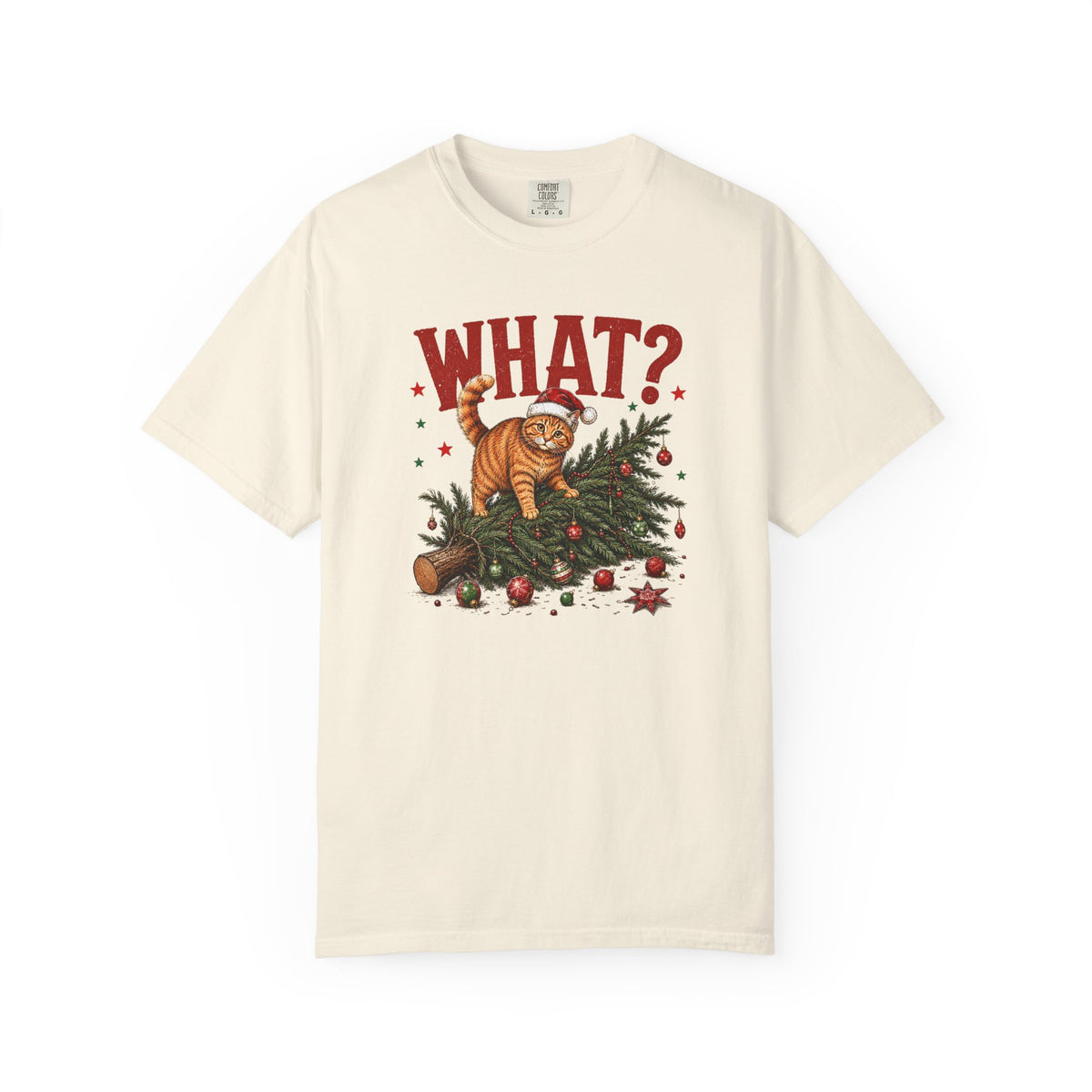 Cat Knocked Over Christmas Tree T-Shirt – "WHAT?" Holiday Cat Tee