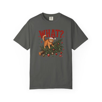 Cat Knocked Over Christmas Tree T-Shirt – "WHAT?" Holiday Cat Tee