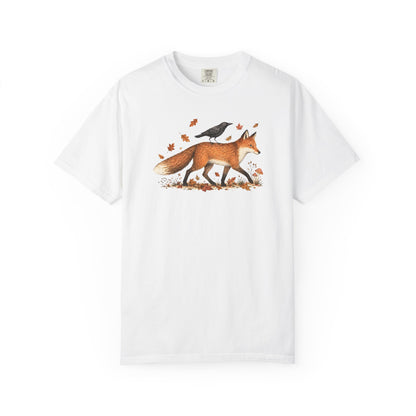Fox & Crow Illustration T-Shirt — Autumn Woodland Graphic Tee