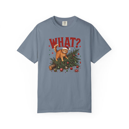 Cat Knocked Over Christmas Tree T-Shirt – "WHAT?" Holiday Cat Tee