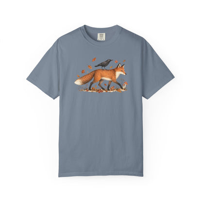 Fox & Crow Illustration T-Shirt — Autumn Woodland Graphic Tee