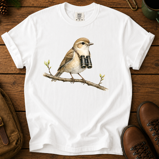 Birdwatcher T-Shirt — Sparrow on Branch with Binoculars Tee