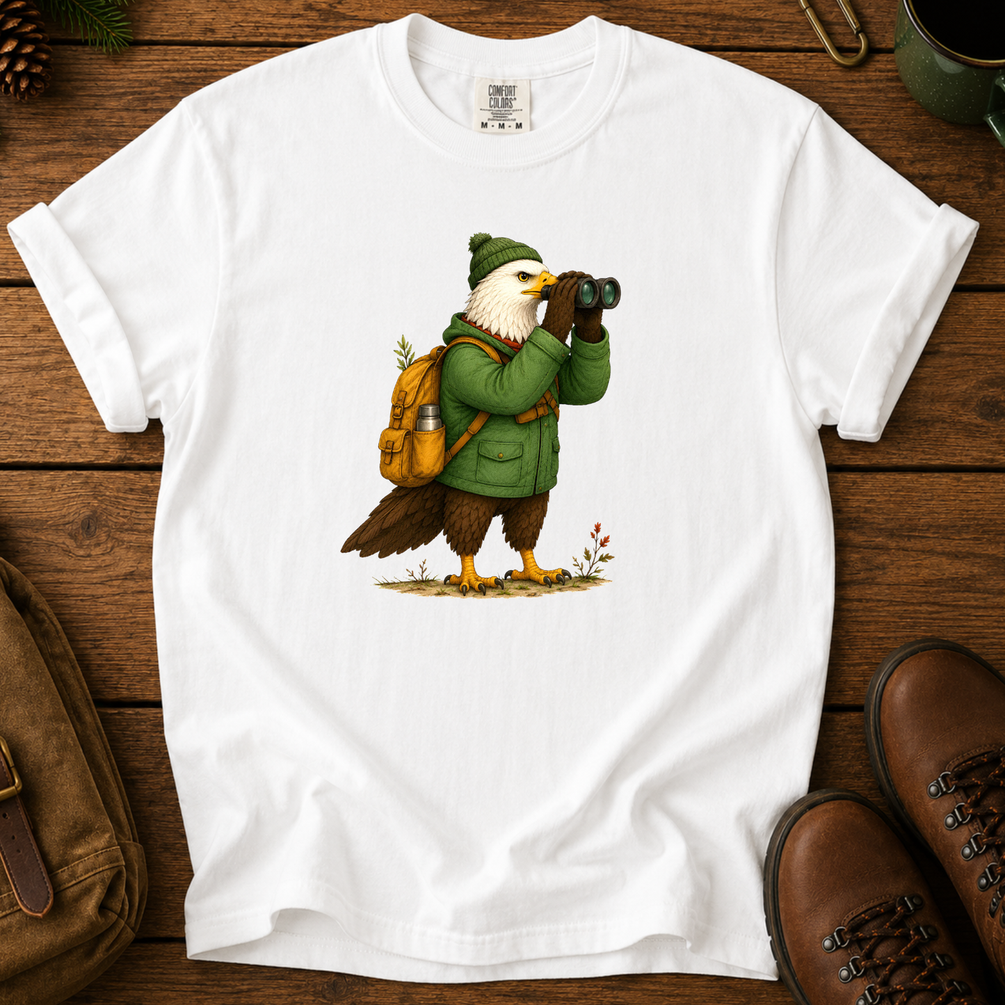 Birdwatcher T‑Shirt — Eagle with Binoculars Outdoor Nature Tee