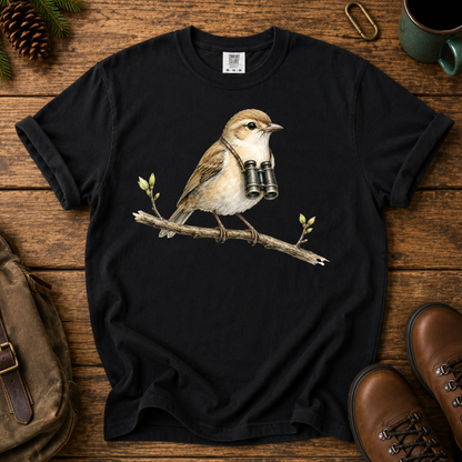 Birdwatcher T-Shirt — Sparrow on Branch with Binoculars Tee