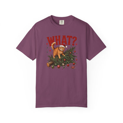 Cat Knocked Over Christmas Tree T-Shirt – "WHAT?" Holiday Cat Tee