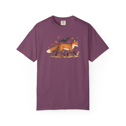 Fox & Crow Illustration T-Shirt — Autumn Woodland Graphic Tee