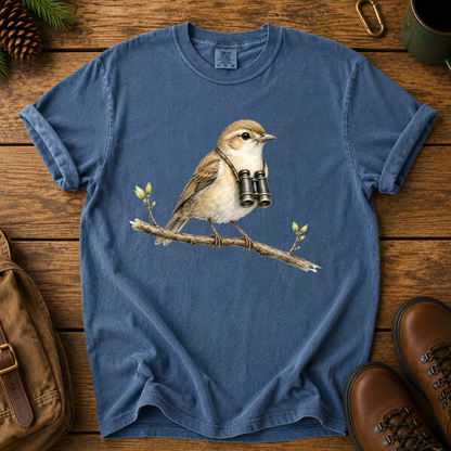 Birdwatcher T-Shirt — Sparrow on Branch with Binoculars Tee