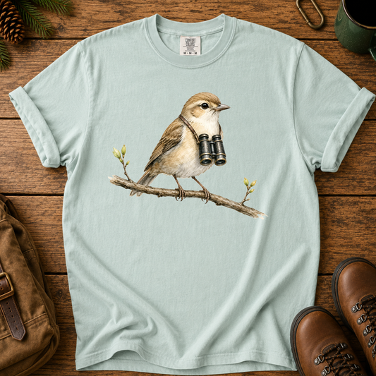 Birdwatcher T-Shirt — Sparrow on Branch with Binoculars Tee