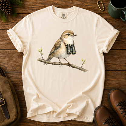 Birdwatcher T-Shirt — Sparrow on Branch with Binoculars Tee