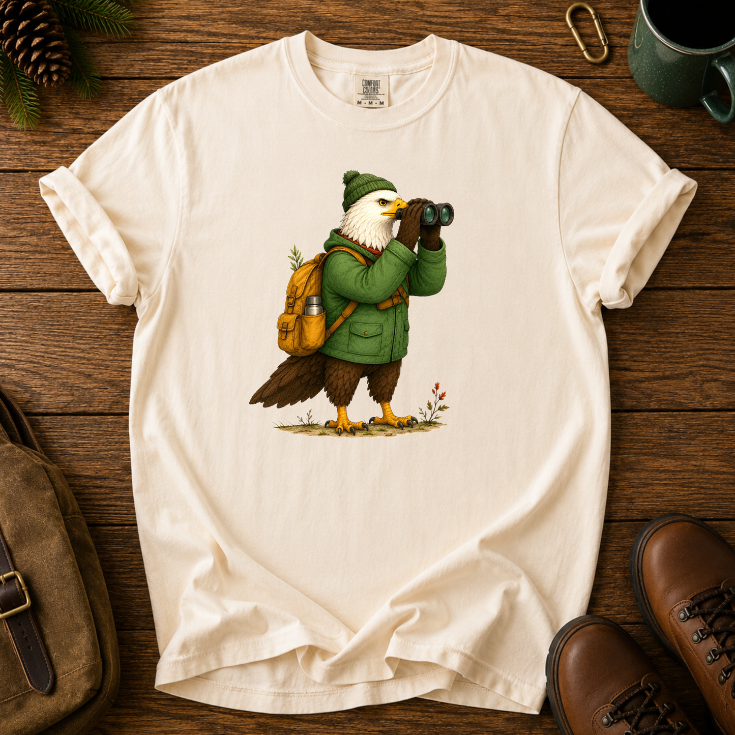 Birdwatcher T‑Shirt — Eagle with Binoculars Outdoor Nature Tee