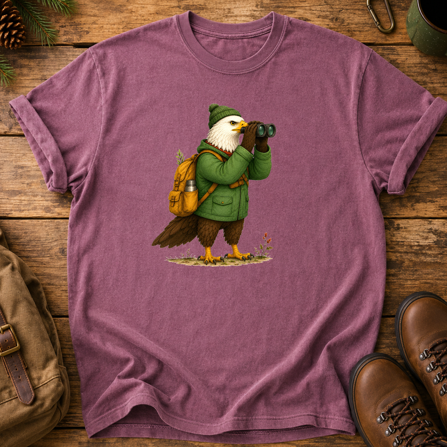 Birdwatcher T‑Shirt — Eagle with Binoculars Outdoor Nature Tee