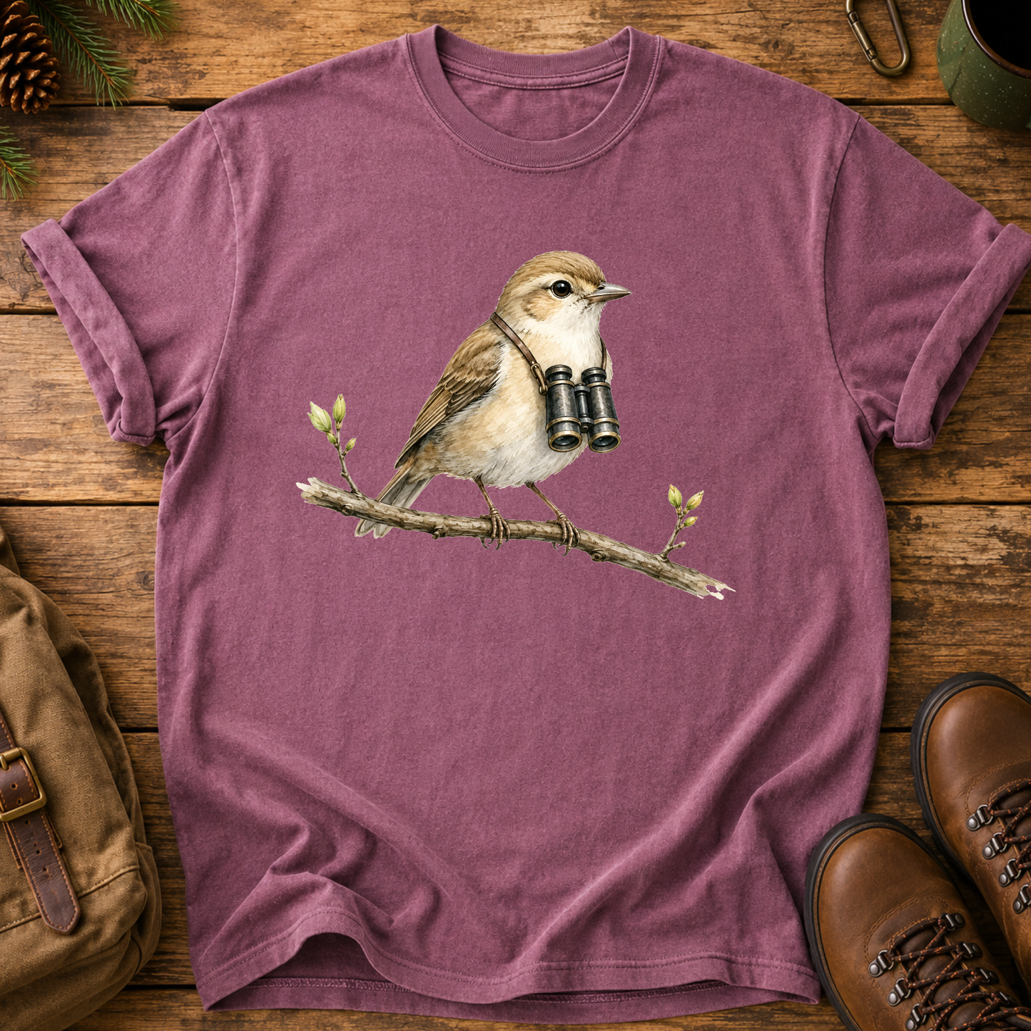 Birdwatcher T-Shirt — Sparrow on Branch with Binoculars Tee