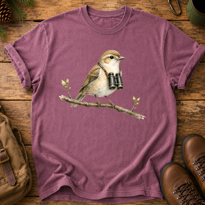 Birdwatcher T-Shirt — Sparrow on Branch with Binoculars Tee