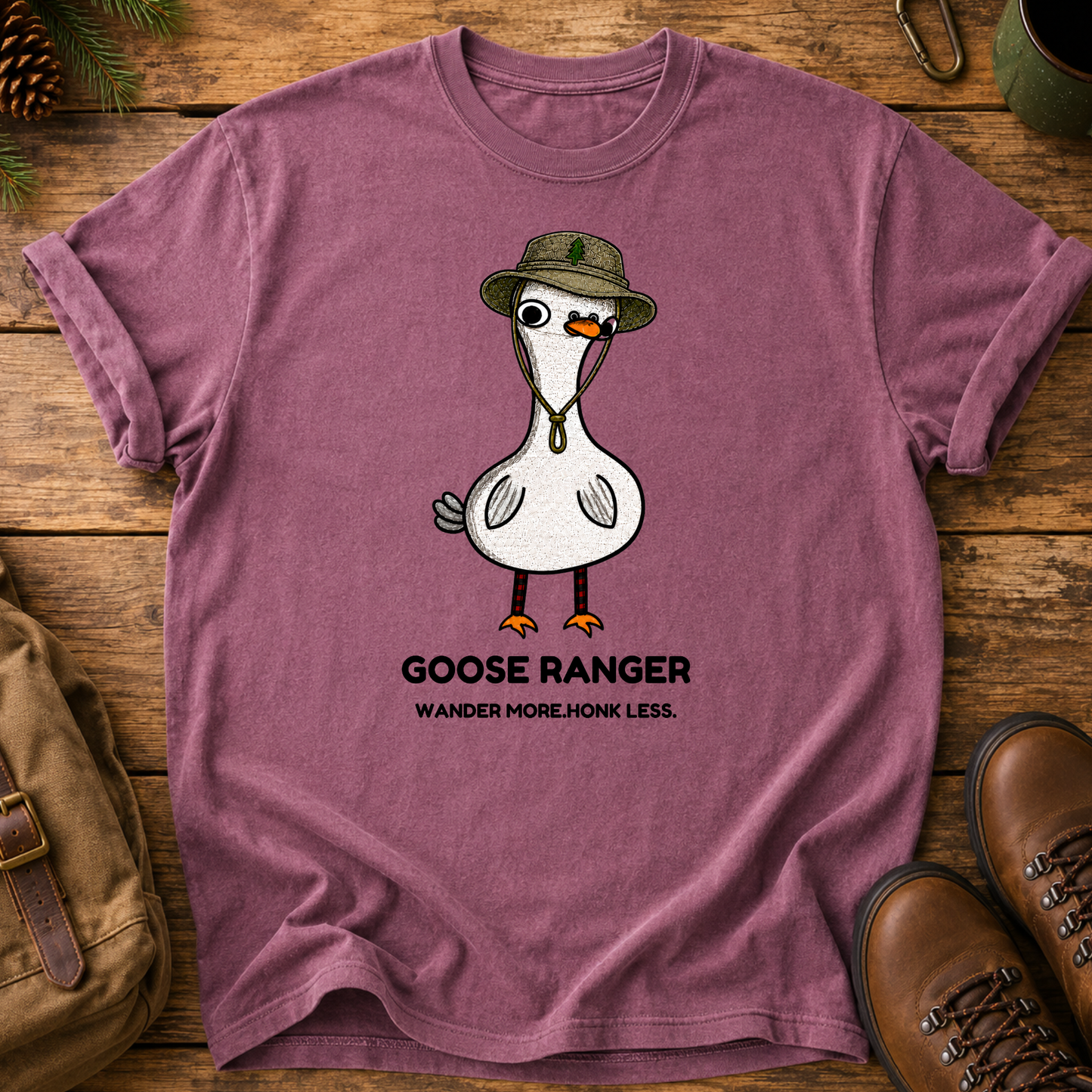 Goose Ranger T-Shirt — Cute Goose with Hat "Wander More, Honk Less"