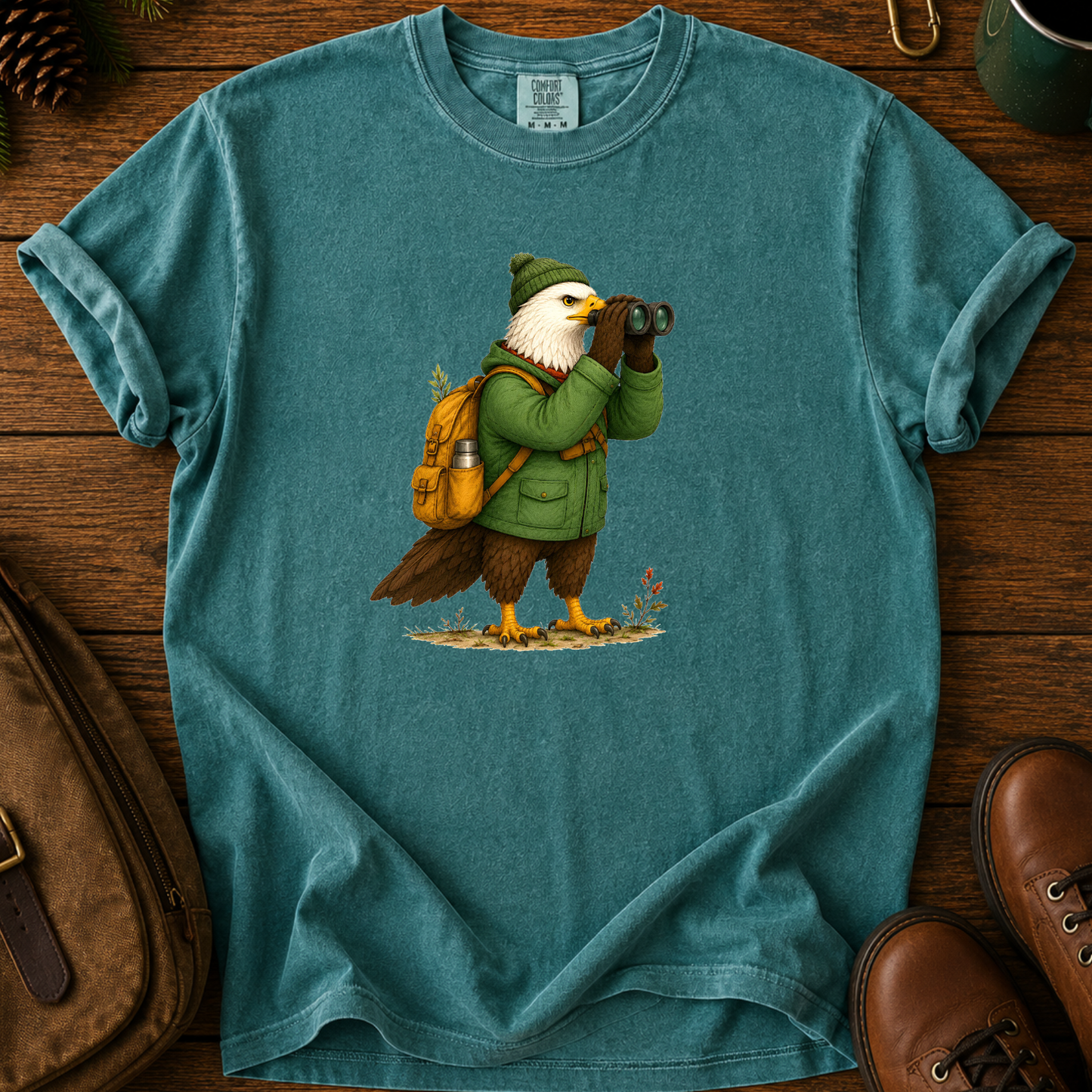 Birdwatcher T‑Shirt — Eagle with Binoculars Outdoor Nature Tee