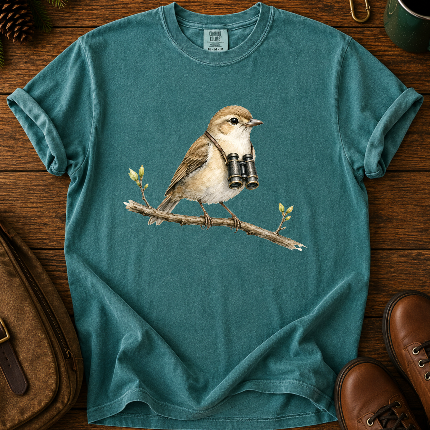 Birdwatcher T-Shirt — Sparrow on Branch with Binoculars Tee