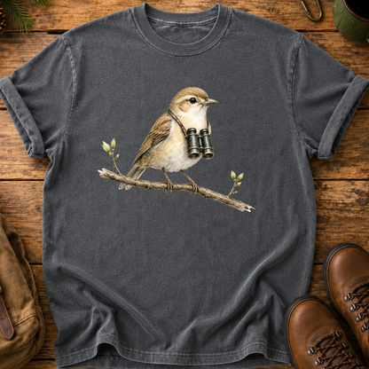 Birdwatcher T-Shirt — Sparrow on Branch with Binoculars Tee