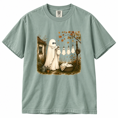Autumn Ghost T-Shirt — Cute Fall Halloween Tee with Leaf & Pumpkin Design