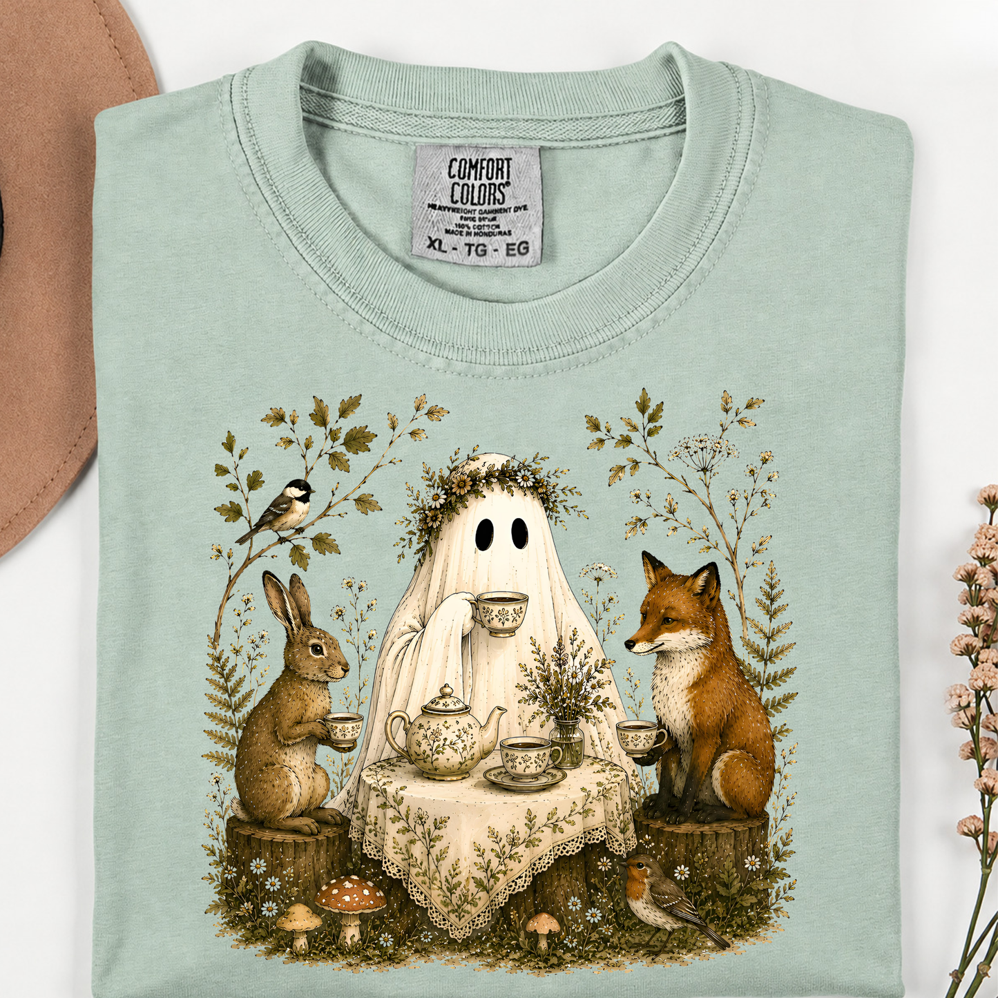 Ghost Gathering T‑Shirt — Woodland Ghost with Fox & Rabbit Illustration