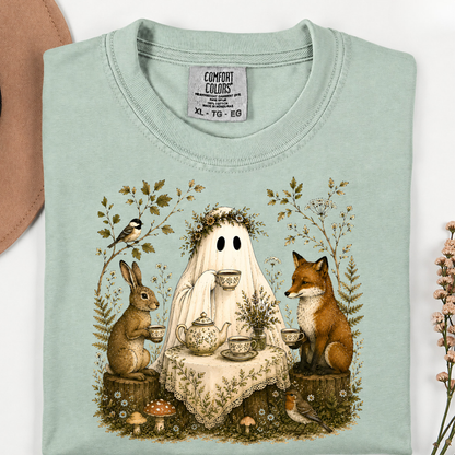 Ghost Gathering T‑Shirt — Woodland Ghost with Fox & Rabbit Illustration
