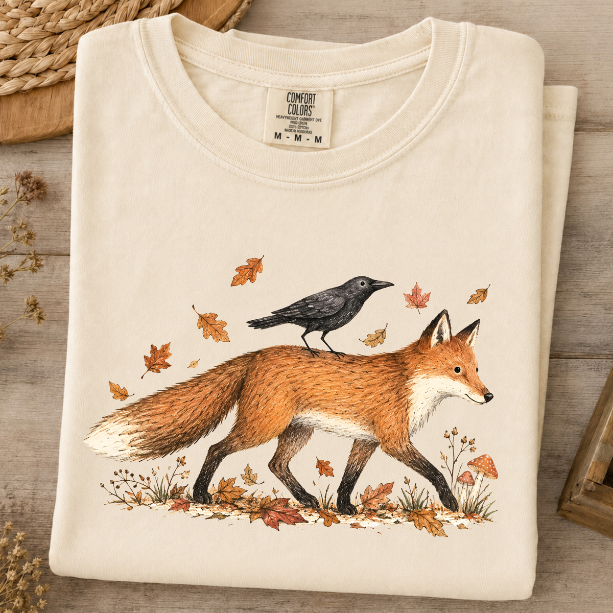 Fox & Crow Illustration T-Shirt — Autumn Woodland Graphic Tee